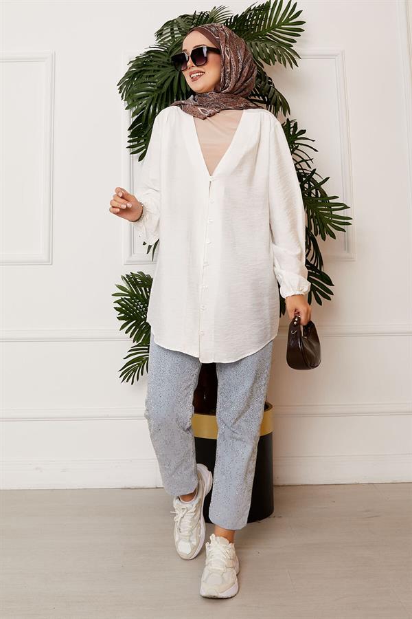 Button Front Kimono Shirt Ecru