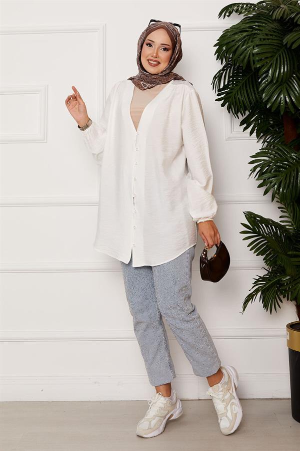 Button Front Kimono Shirt Ecru