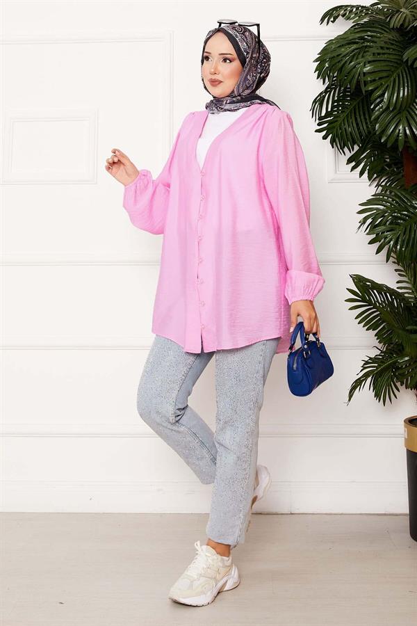 Button Front Kimono Shirt Pink