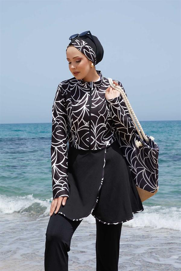 Front Half Zippered Skirted 2 Piece Set Hijab Swimsuit -141