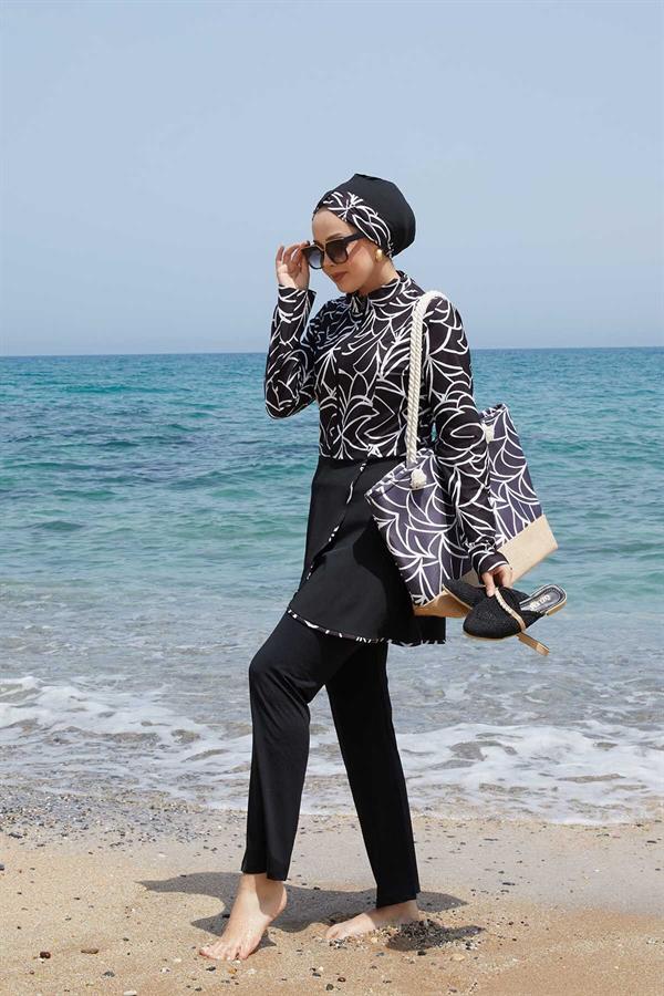 Front Half Zippered Skirted 2 Piece Set Hijab Swimsuit -141