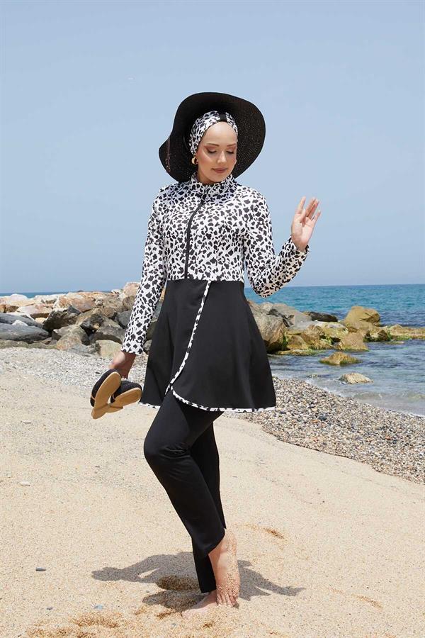 Front Half Zippered Skirted 2 Piece Set Hijab Swimsuit -142