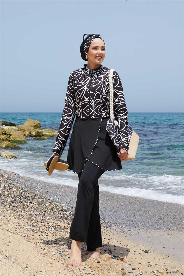 Front Half Zippered Skirted 2 Piece Set Hijab Swimsuit -141