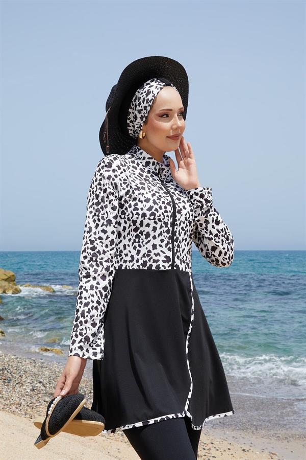 Front Half Zippered Skirted 2 Piece Set Hijab Swimsuit -142