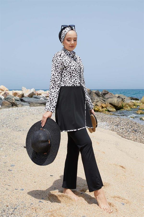 Front Half Zippered Skirted 2 Piece Set Hijab Swimsuit -142