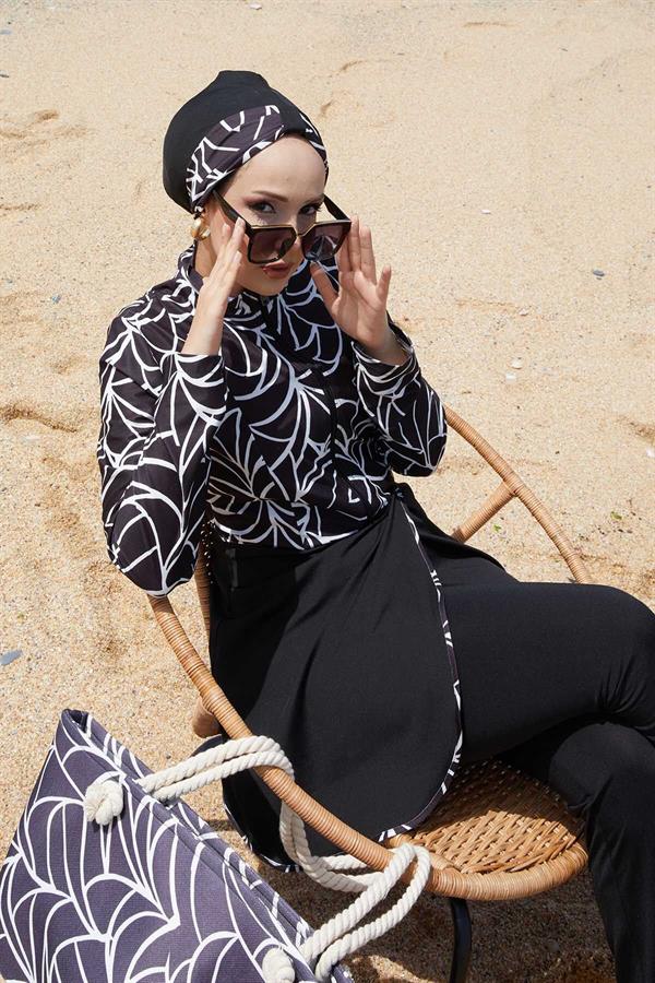 Front Half Zippered Skirted 2 Piece Set Hijab Swimsuit -141