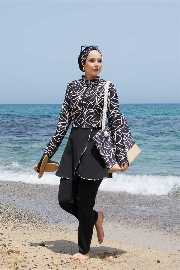 Front Half Zippered Skirted 2 Piece Set Hijab Swimsuit -141