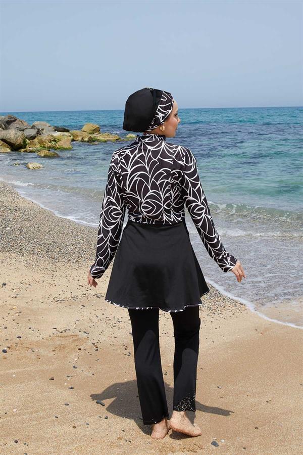 Front Half Zippered Skirted 2 Piece Set Hijab Swimsuit -141