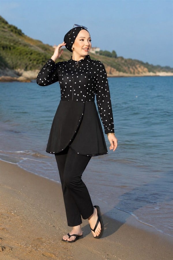 Front Half-Zip Skirted Modest Swimsuit Burkini Black