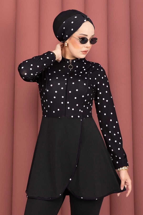 Front Half-Zip Skirted Modest Swimsuit Burkini Black