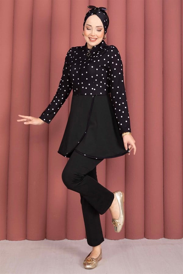 Front Half-Zip Skirted Modest Swimsuit Burkini Black