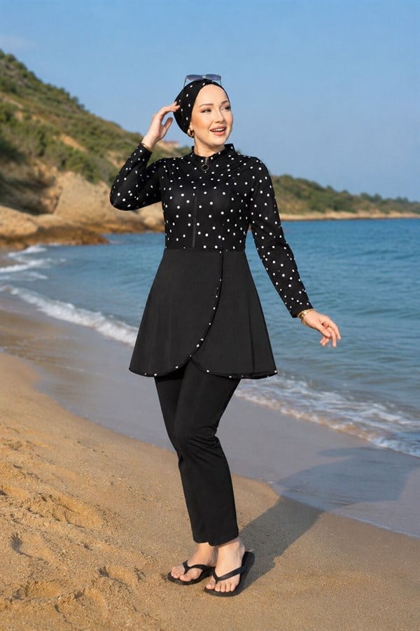 Front Half-Zip Skirted Modest Swimsuit Burkini Black