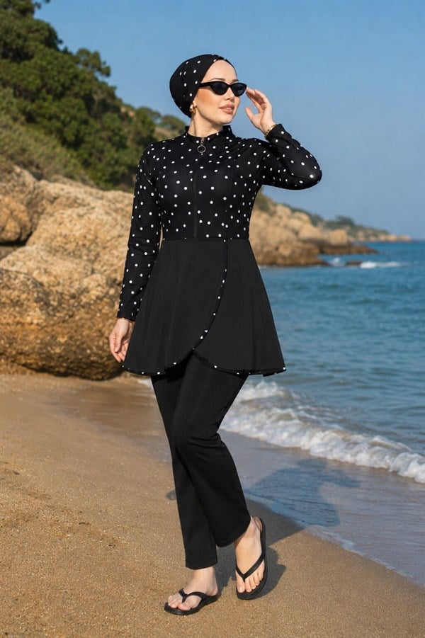 Front Half-Zip Skirted Modest Swimsuit Burkini Black