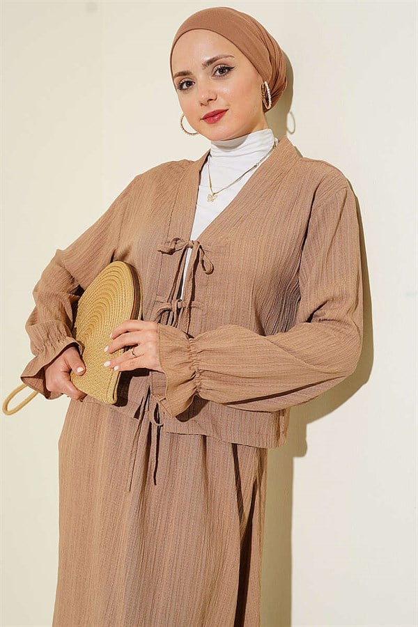 Front Lace-Up Bark Skirt 2 Piece Set Latte