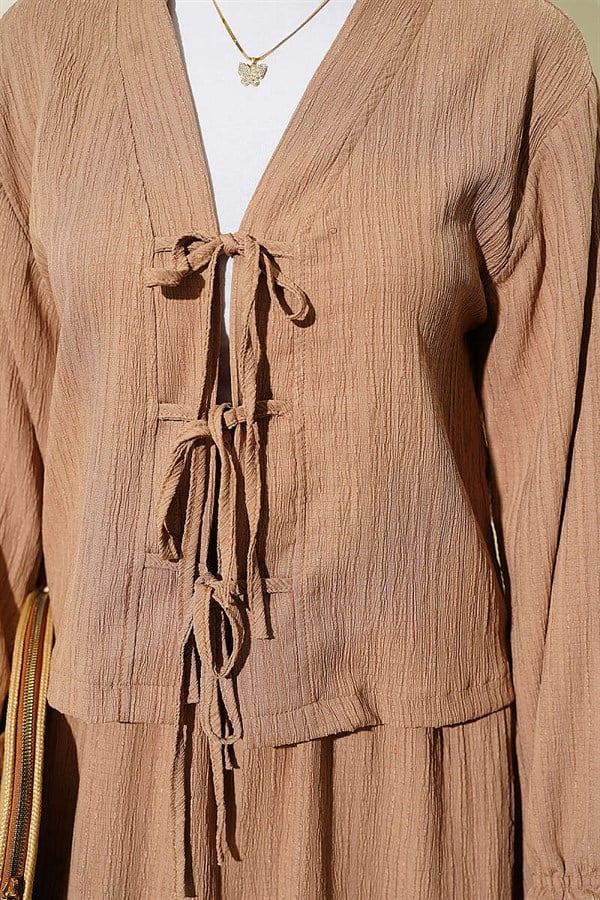 Front Lace-Up Bark Skirt 2 Piece Set Latte
