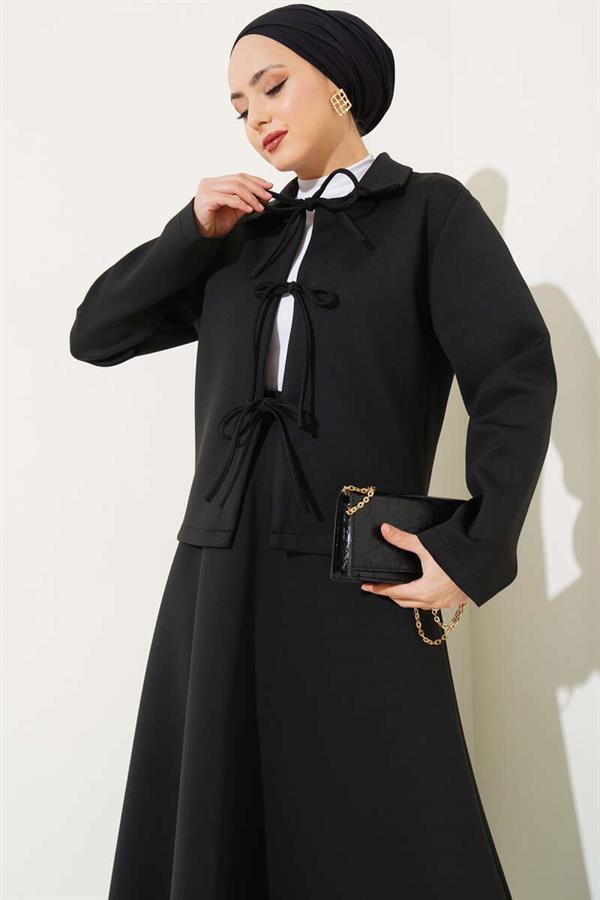 Lace-up Front Jacket and Skirt Scuba 2 Piece Set Black