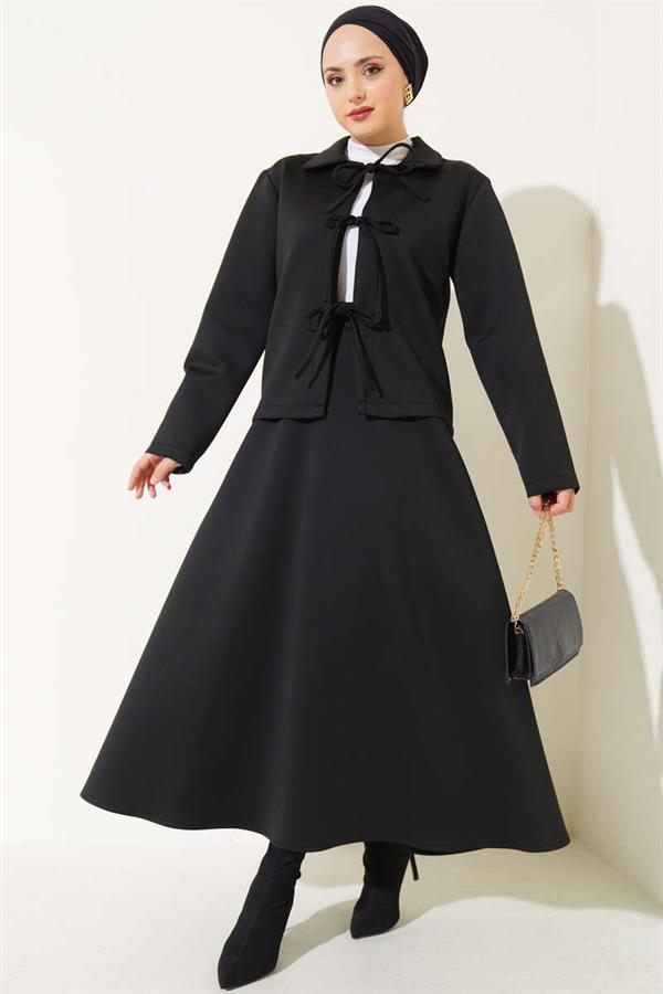 Lace-up Front Jacket and Skirt Scuba 2 Piece Set Black