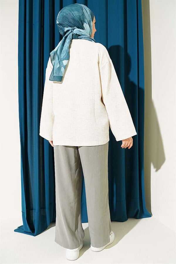 Beige Linen Kimono with Lace-Up Front Detail