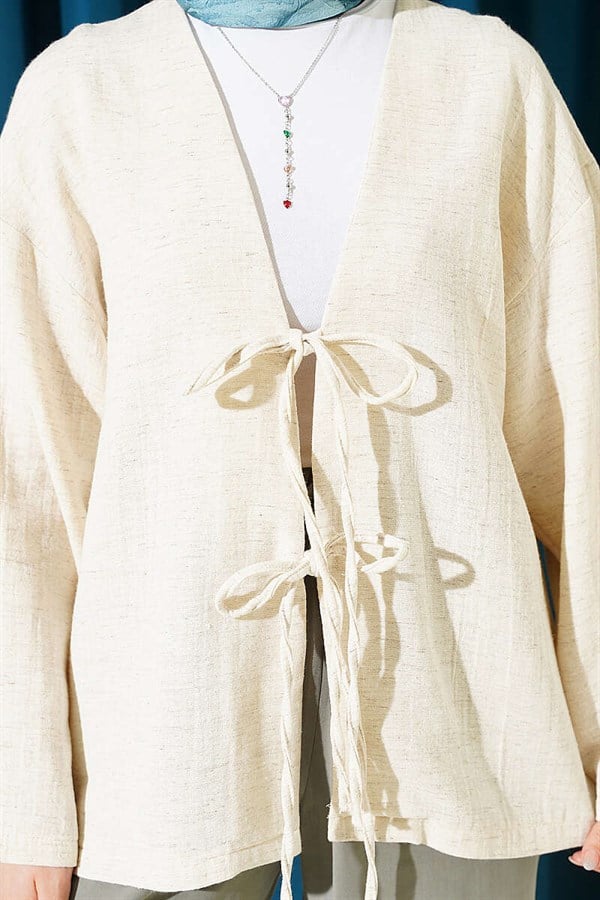 Beige Linen Kimono with Lace-Up Front Detail