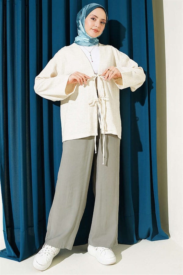 Beige Linen Kimono with Lace-Up Front Detail