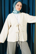 Beige Linen Kimono with Lace-Up Front Detail