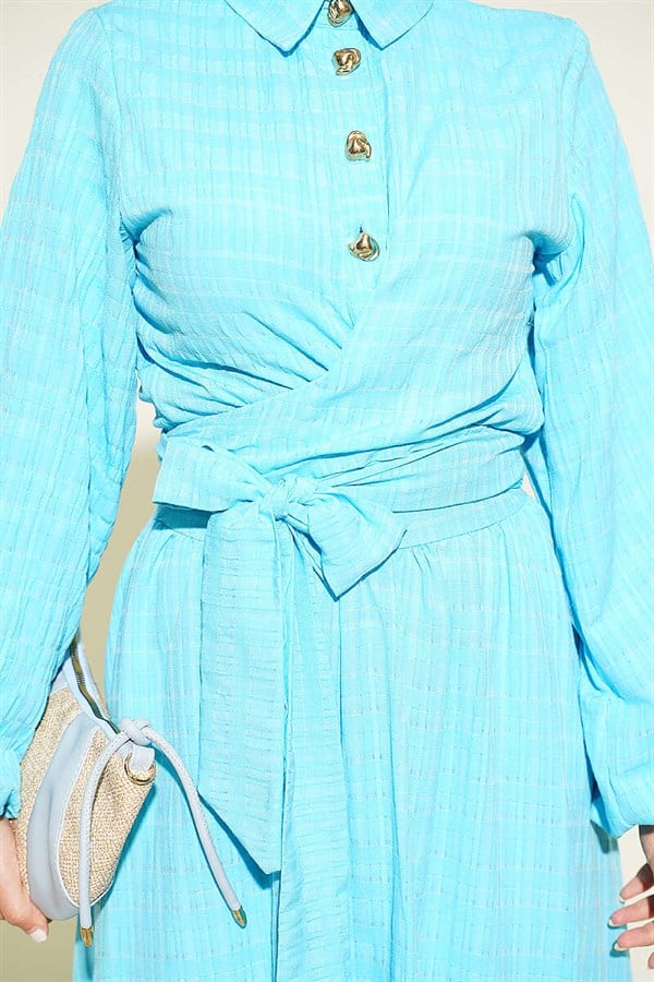 Baby Blue Skirt 2 Piece Set with Lace-Up Front and Gold Buttons