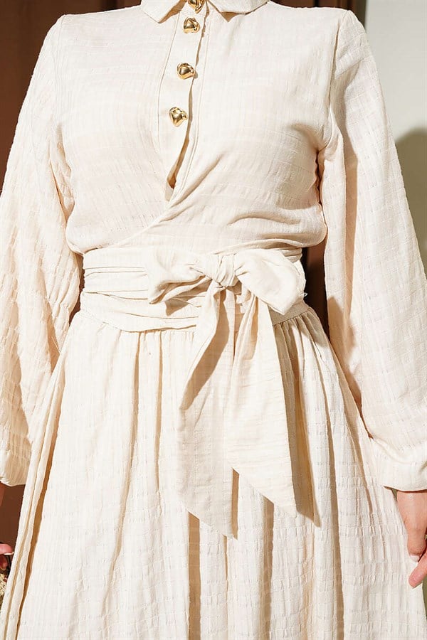 Beige Skirt 2 Piece Set with Lace-Up Front and Gold Buttons
