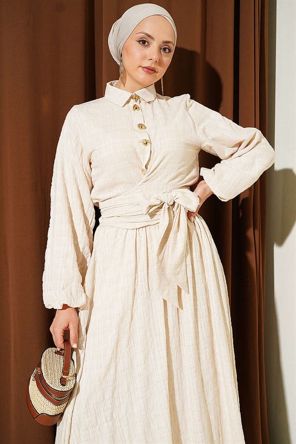 Beige Skirt 2 Piece Set with Lace-Up Front and Gold Buttons