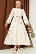 Beige Skirt 2 Piece Set with Lace-Up Front and Gold Buttons