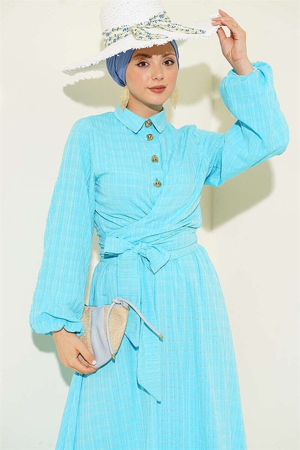 Baby Blue Skirt 2 Piece Set with Lace-Up Front and Gold Buttons