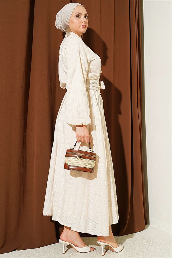 Beige Skirt 2 Piece Set with Lace-Up Front and Gold Buttons