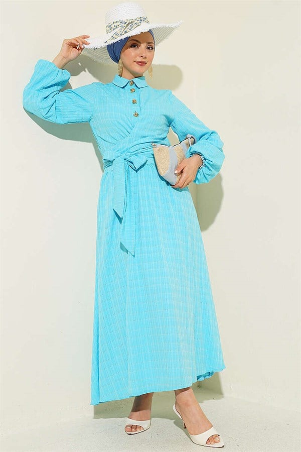 Baby Blue Skirt 2 Piece Set with Lace-Up Front and Gold Buttons