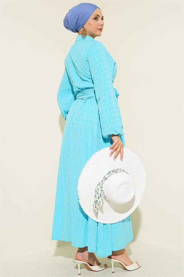 Baby Blue Skirt 2 Piece Set with Lace-Up Front and Gold Buttons