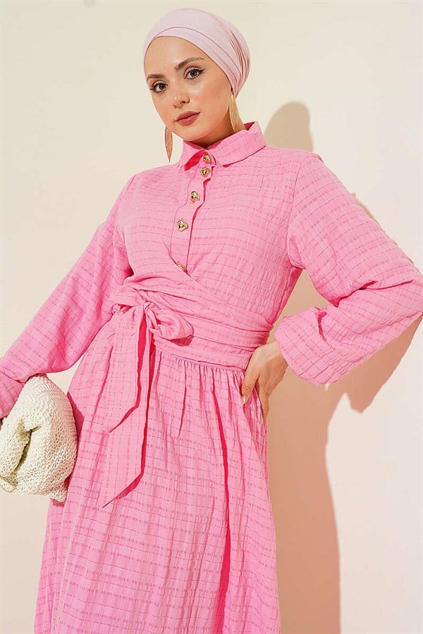 Pink Skirt 2 Piece Set with Lace-Up Front and Gold Buttons