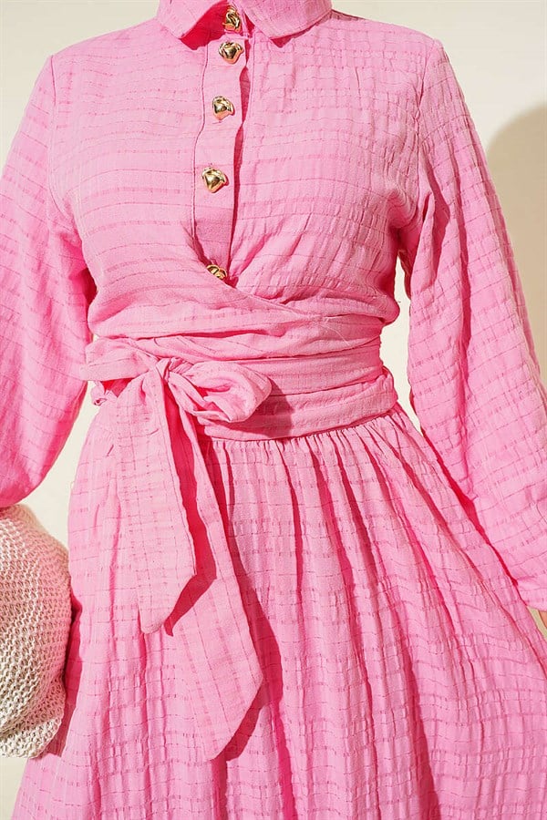 Pink Skirt 2 Piece Set with Lace-Up Front and Gold Buttons
