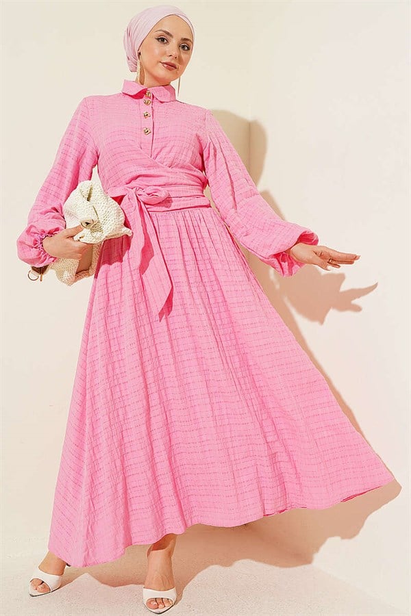 Pink Skirt 2 Piece Set with Lace-Up Front and Gold Buttons