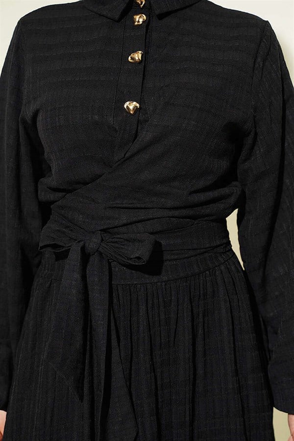 Black Skirt 2 Piece Set with Lace-Up Front and Gold Buttons