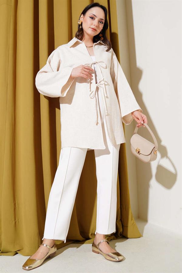 Lace Front Linen Kimono Beige