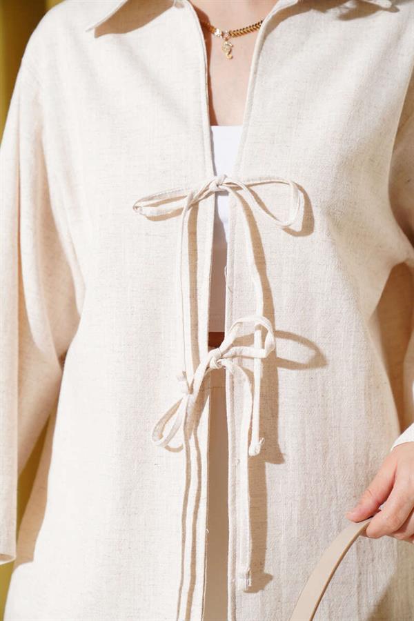 Lace Front Linen Kimono Beige