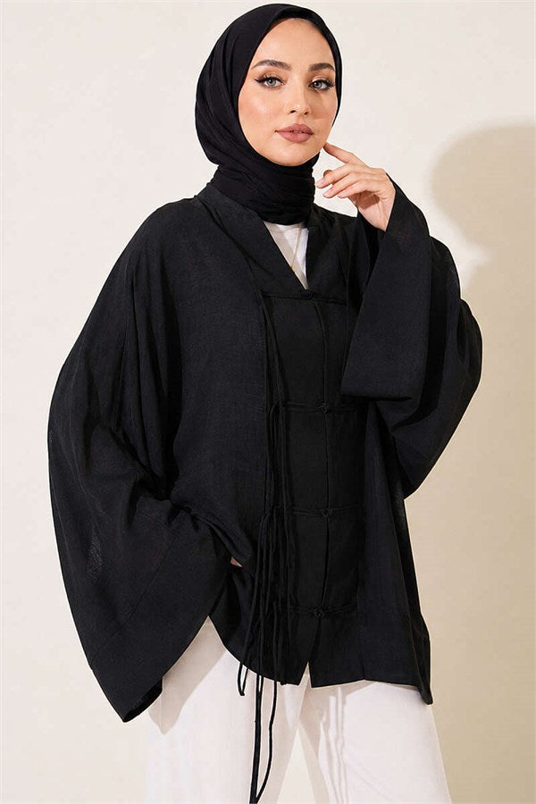 Black Oversize Tulle Kimono with Lace-Up Front