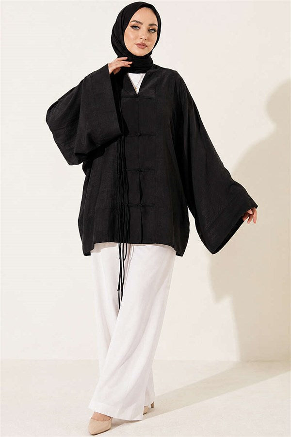 Black Oversize Tulle Kimono with Lace-Up Front