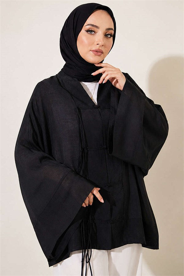 Black Oversize Tulle Kimono with Lace-Up Front