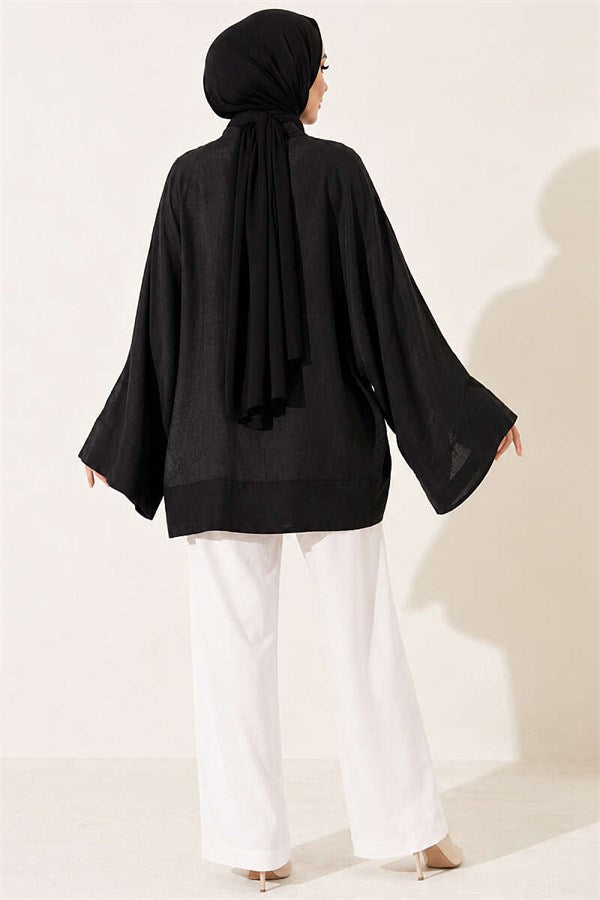 Black Oversize Tulle Kimono with Lace-Up Front