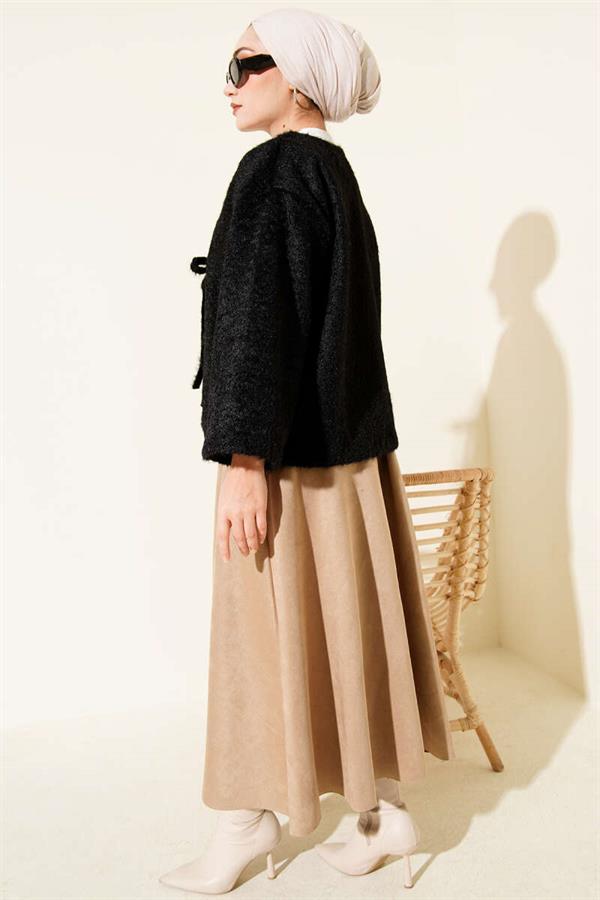 Lace-up Front Bearded Short Kimono Black