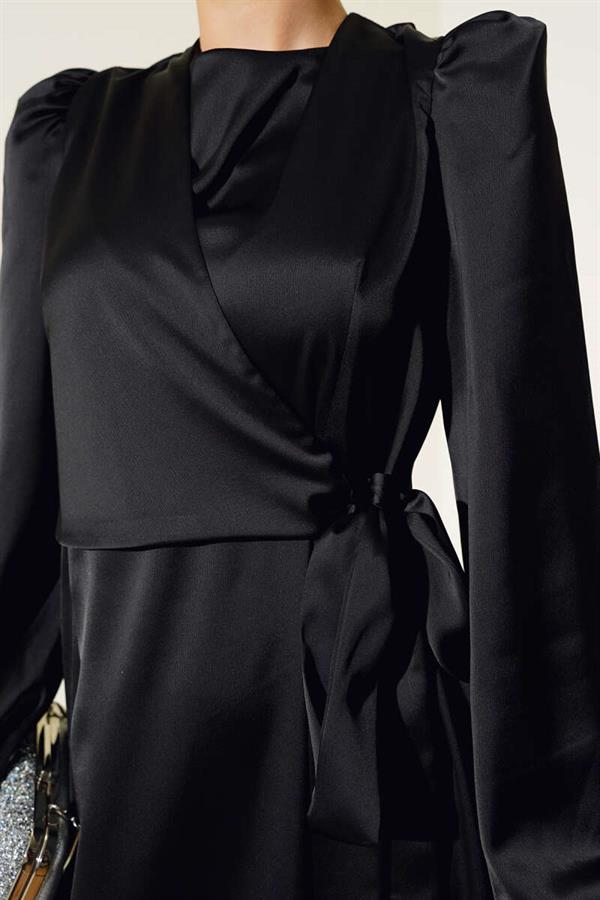 Front Tie Detail Satin Dress Black