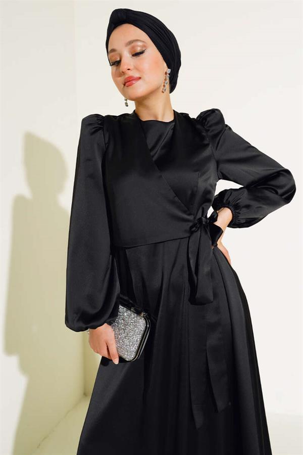 Front Tie Detail Satin Dress Black