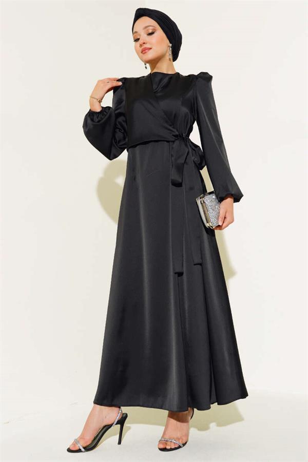 Front Tie Detail Satin Dress Black