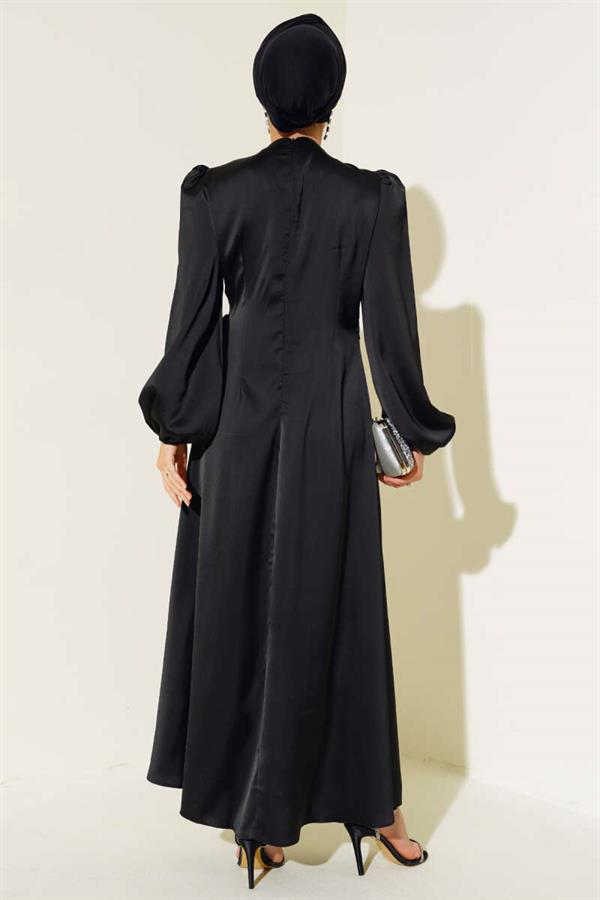 Front Tie Detail Satin Dress Black