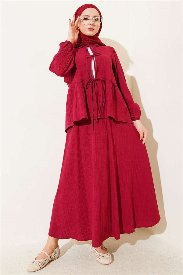 Front-Tie Trimmed Tree Bark Skirt 2 Piece Set in Burgundy