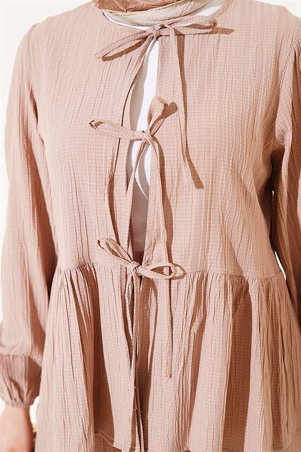 Front-Tie Skirt 2 Piece Set with Tree Bark Pattern, Beige